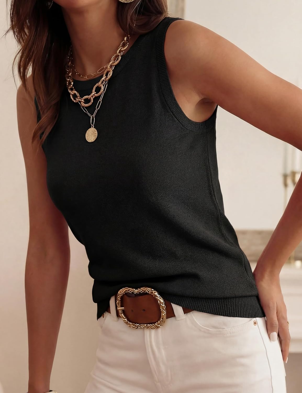 Detalle de PRETTYGARDEN Sleeveless Sweater Tops for Women — Dressy Ribbed Tank, 2026 Summer