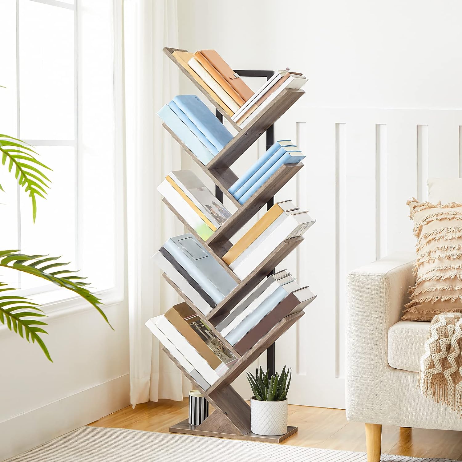 Detalle 2 de HOOBRO EBG08SJ01G1 Tall 9-Tier Tree Bookshelf (Greige & Black) for CDs, Albums and Books