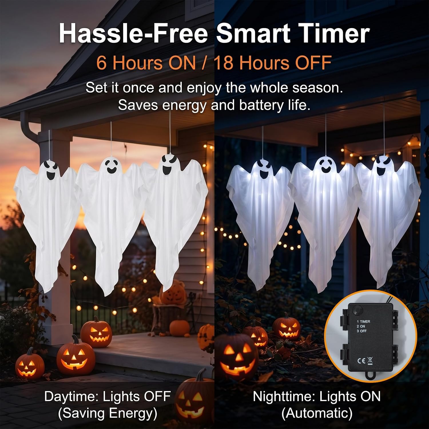 Detalle de BCLGSHINE 3-Pack Hanging Ghost Decorations, 32-Inch with 45 LEDs and Witch Hats