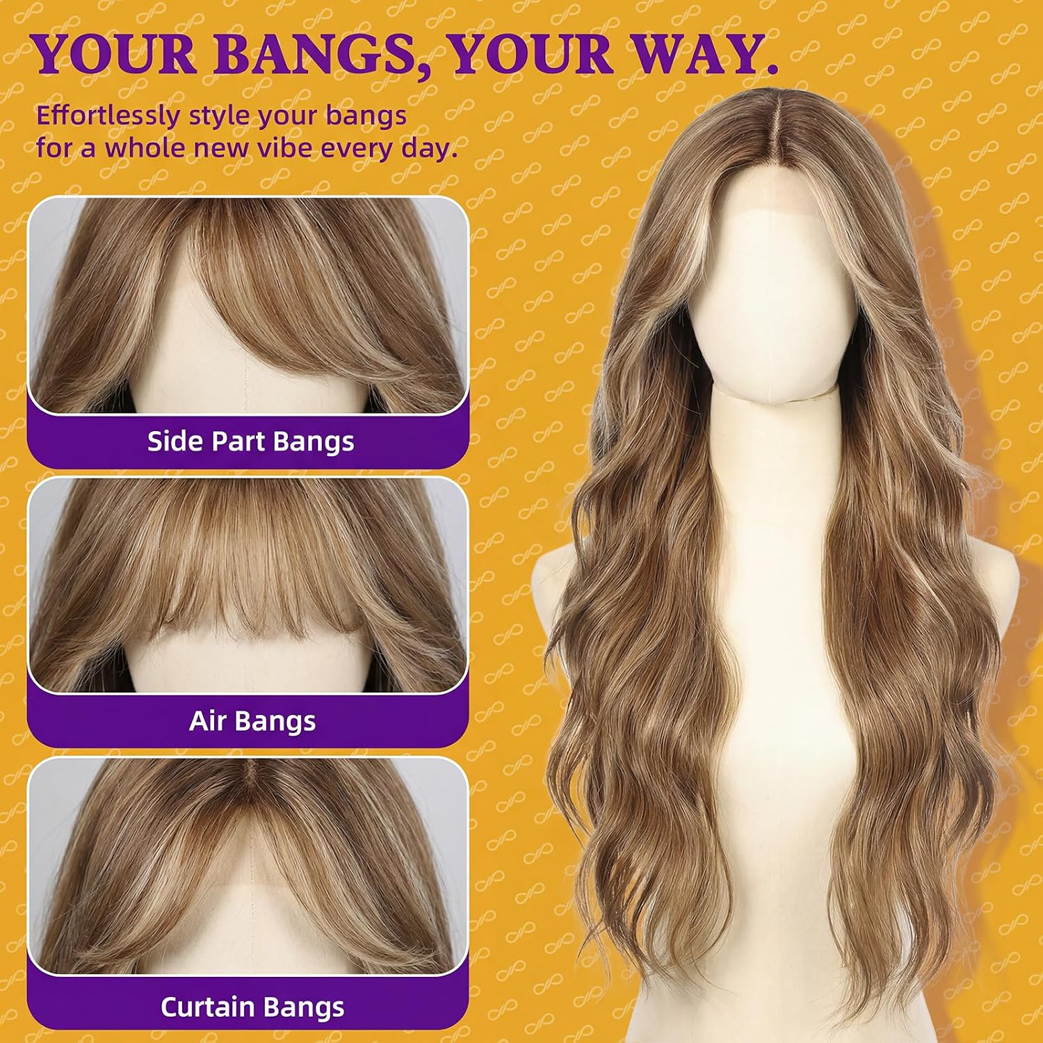 Detalle de KOME Ash Brown 28-Inch Synthetic Lace Front Wig with Body Waves and Bangs