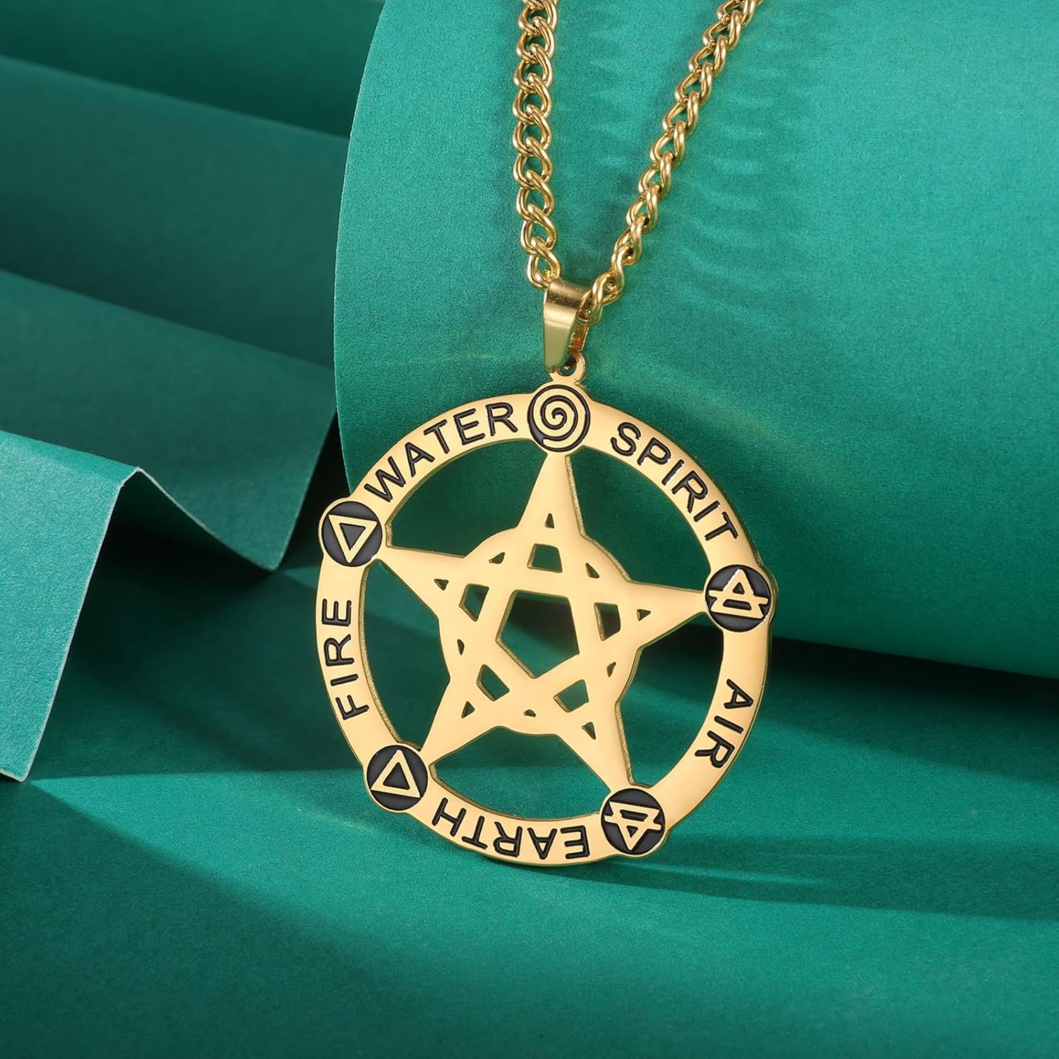 Detalle de VASSAGO Pentagramm-Halskette mit Alchemie-Symbol aus Edelstahl – Anhänger mit Pentagramm und Elementen
