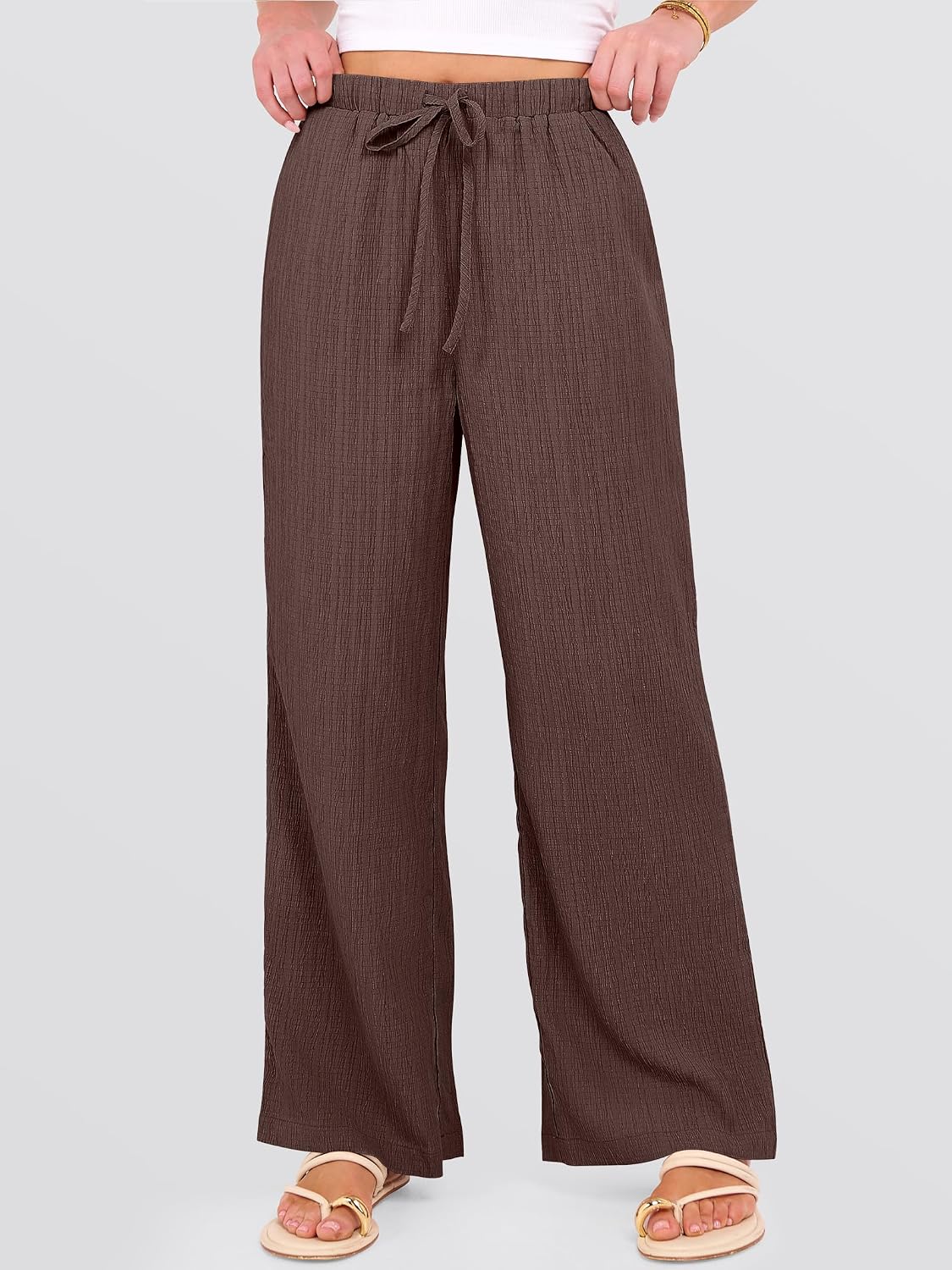 Detalle de ANRABESS Women's Wide Leg Beach Pants with Pockets – Lightweight Elastic-Waist Palazzo Trousers