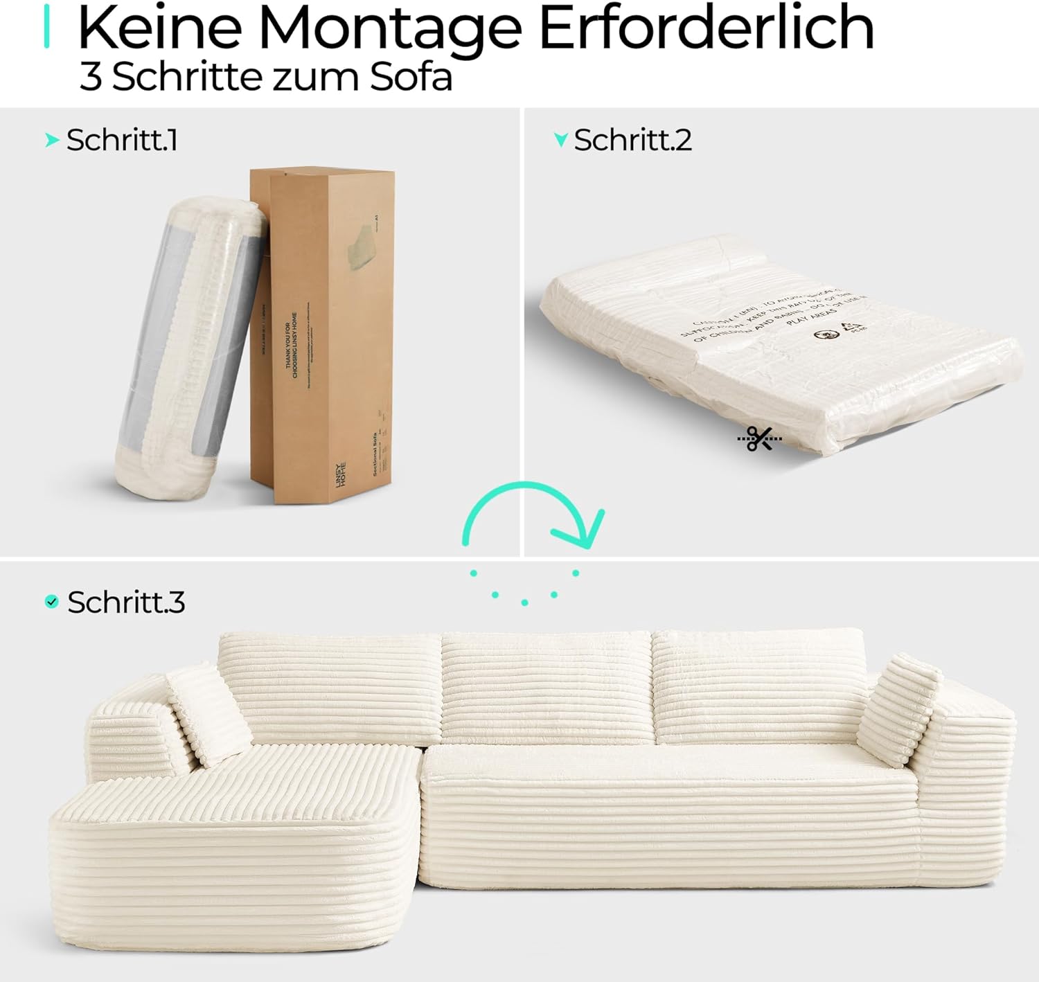 Detalle de LINSY HOME Ecksofa mit Schlaffunktion (270 cm) aus Corduroy, L-Form mit Ottomane und modularen Segmenten – beige