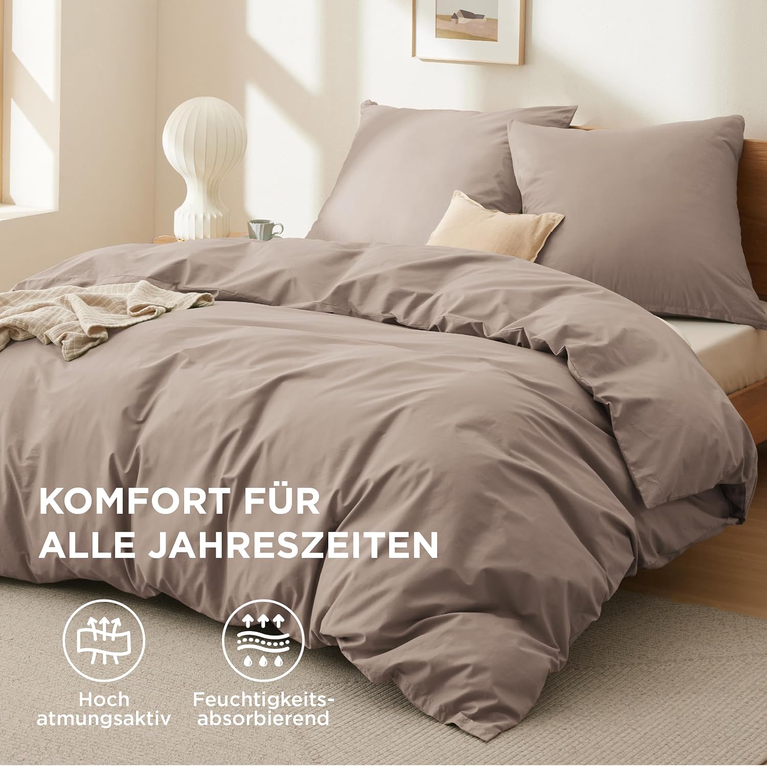 Detalle de BEDSURE Bettwäsche 220x240 Baumwolle Khaki – 3-teiliges Set mit Reißverschluss, OEKO-TEX zertifiziert