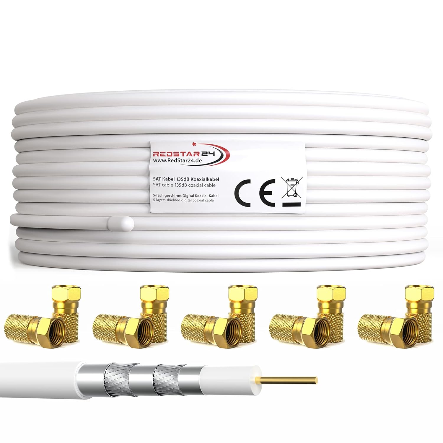 Detalle de RedStar24 50 m Koaxial-SAT Kabel 135 dB, 5-fach geschirmt, 10 vergoldete F-Stecker (Weiß)