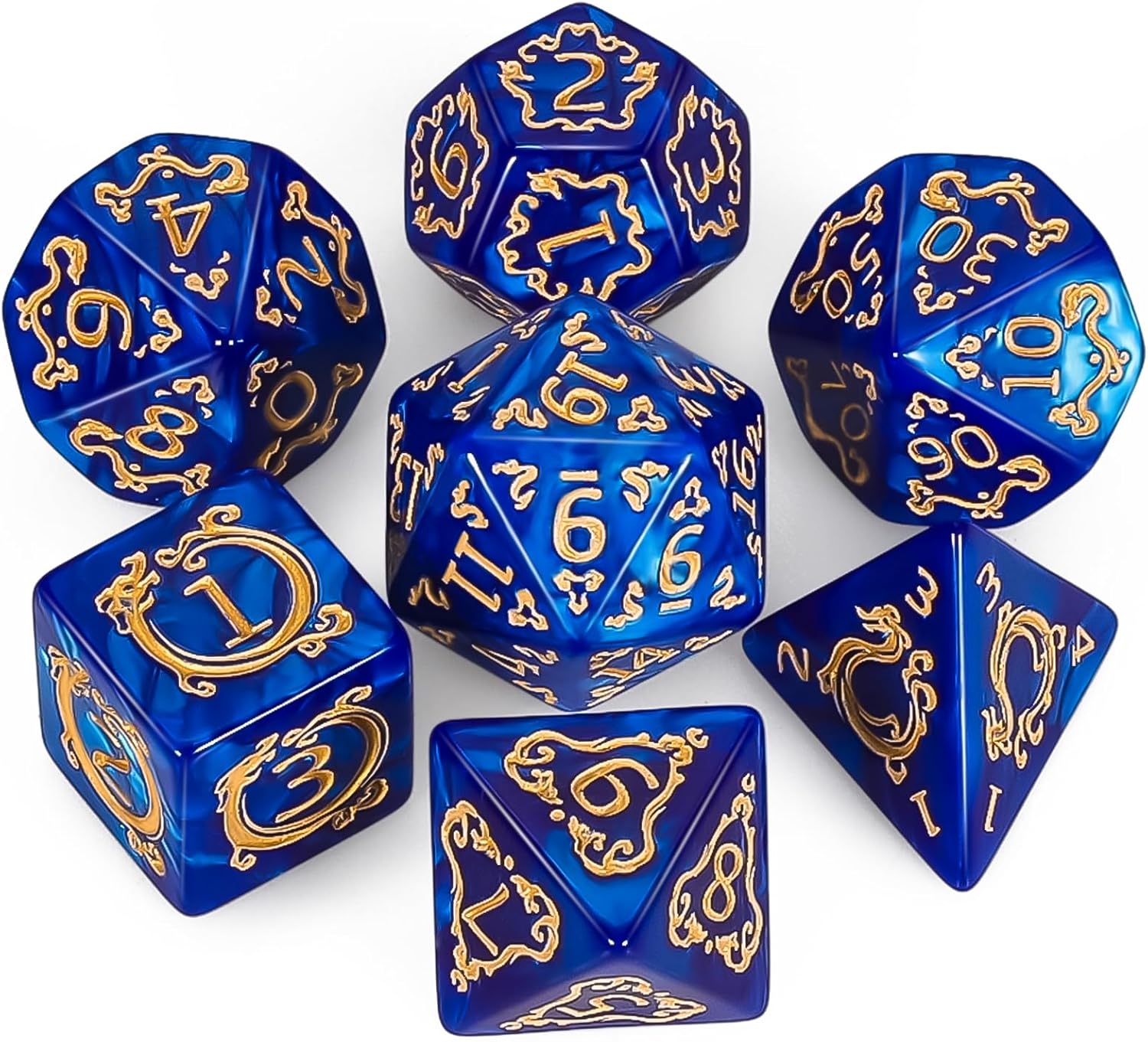Set di dadi poliedrici QMAY da gioco da tavolo (7 pezzi): D20, D12, D10, D8, D6, D4 con motivo drago blu