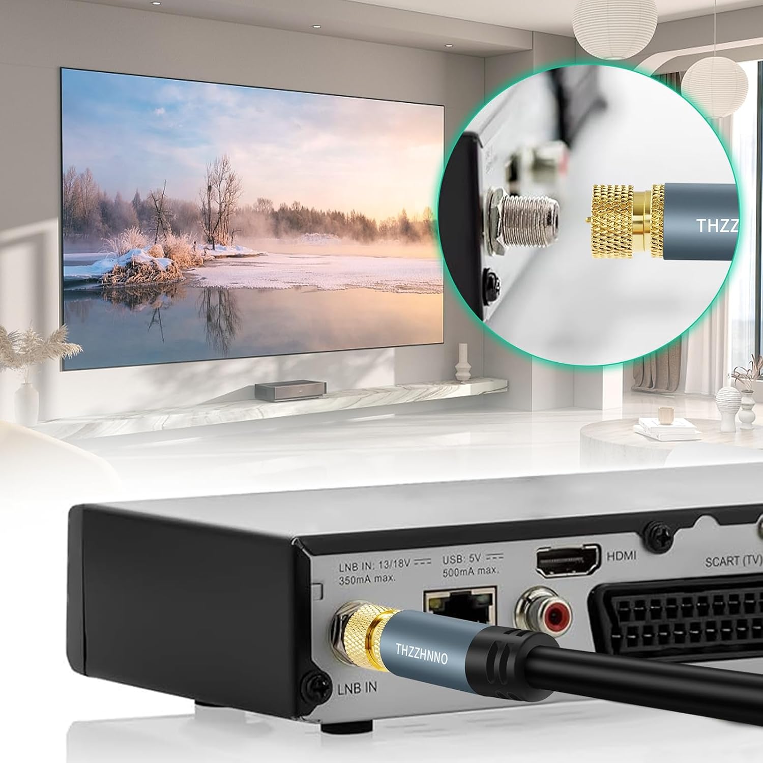 Detalle de Thzzhnno 5M F-Type Coaxial Cable — 90 Degree Angled to Straight Male Cord