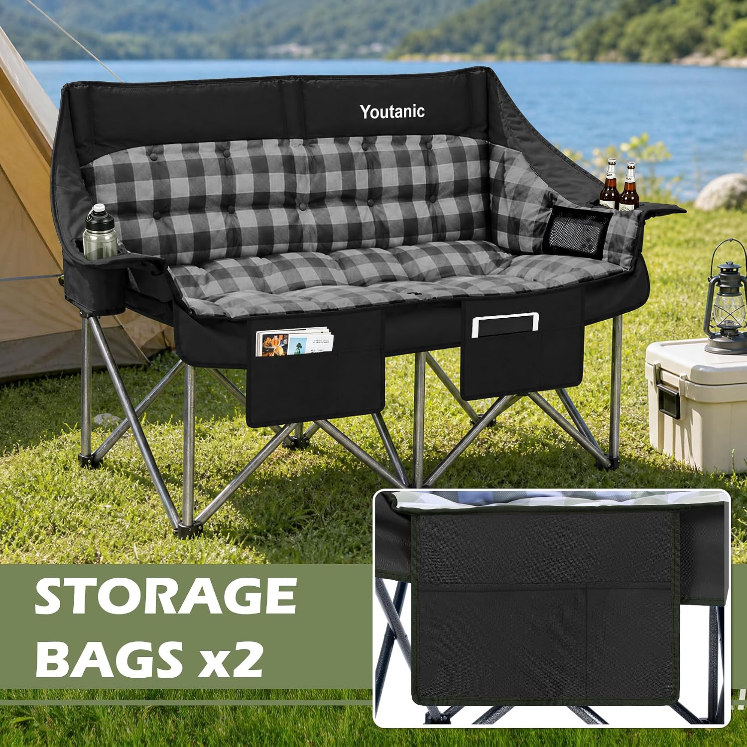 Detalle de Youtanic Oversized Double Camping Chair (Folding Loveseat) with Cup Holder, Pockets & Carry Bag, Black