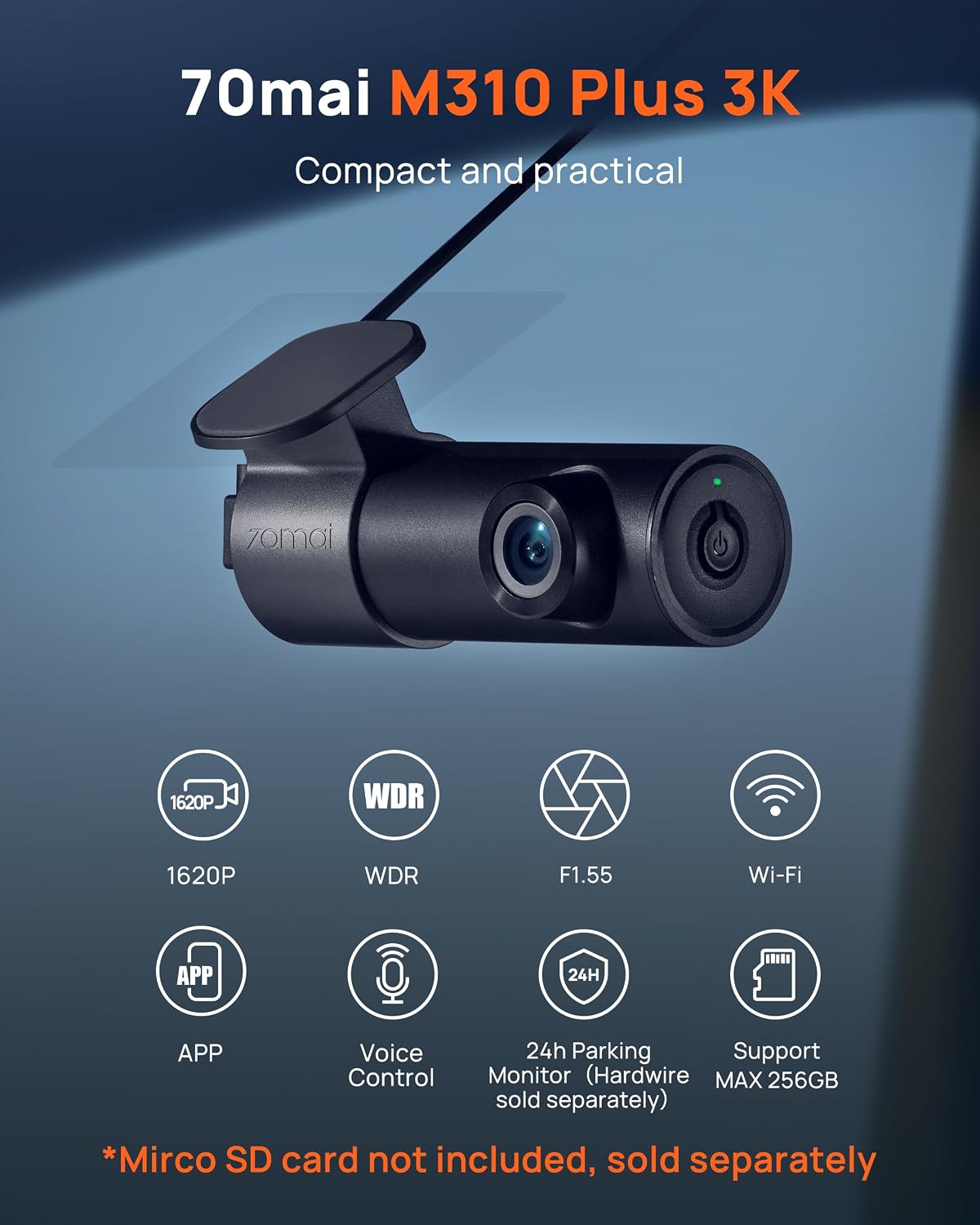 Thumbnail 1 de 70mai M310 Plus 3K WiFi Mini Dash Cam with Smart Voice Control (M310 Plus)