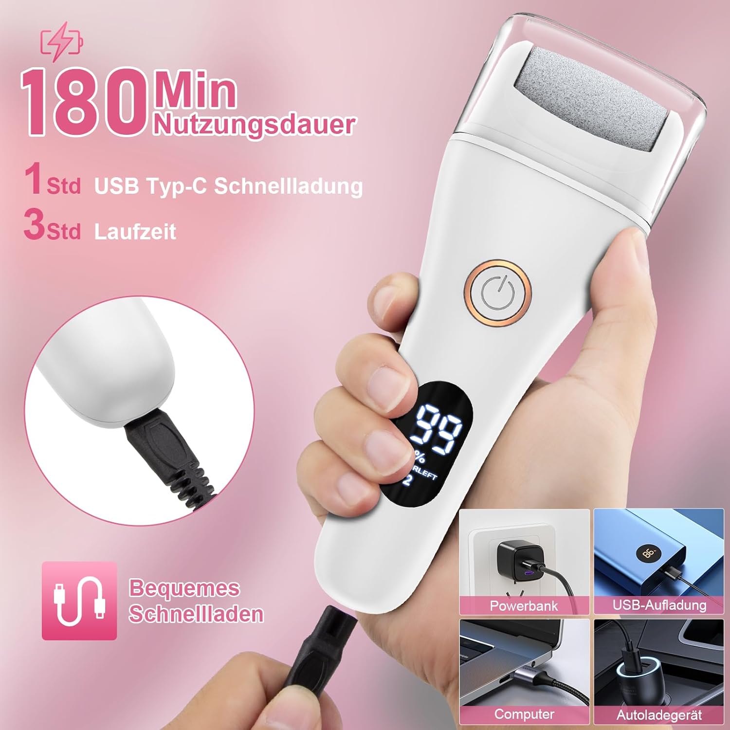 Thumbnail 6 de Hornhautentferner Elektrisch von AOMEES – einstellbare Geschwindigkeiten, IPX7, 3 Rollenköpfe