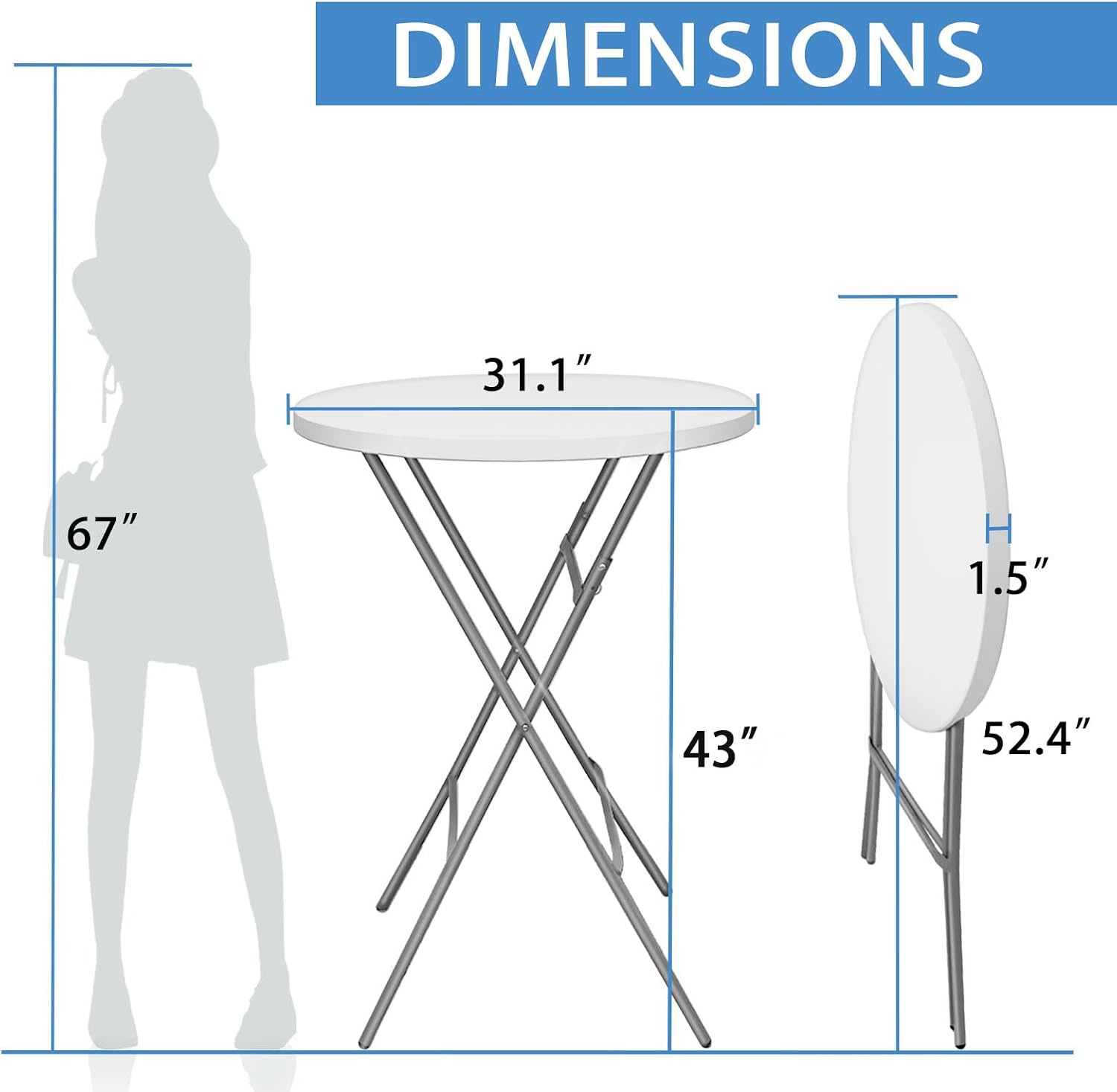 Detalle de GUAGUA 002 32-Inch Folding Cocktail Table, White Round Bar-Height Table