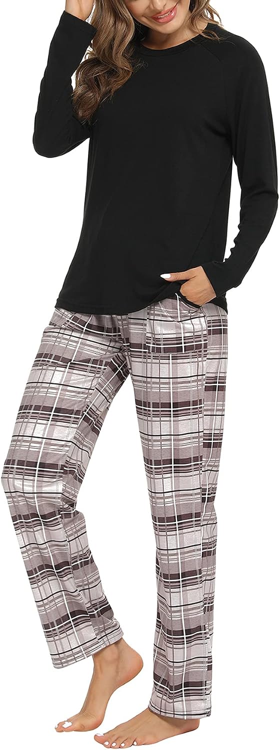 Detalle 2 de Uniexcosm Pyjama Femme en coton long – Ensemble à carreaux avec poches et col rond