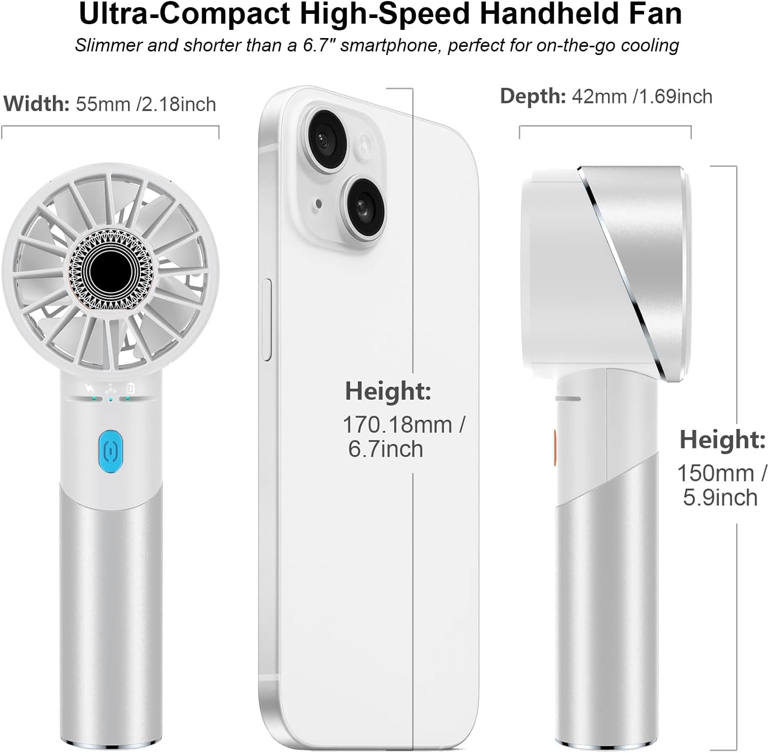 Detalle 2 de COZOME Handheld Fan: 7000RPM Turbo Portable Fan with 16H Battery, 4-Speed USB Rechargeable Mini Fan