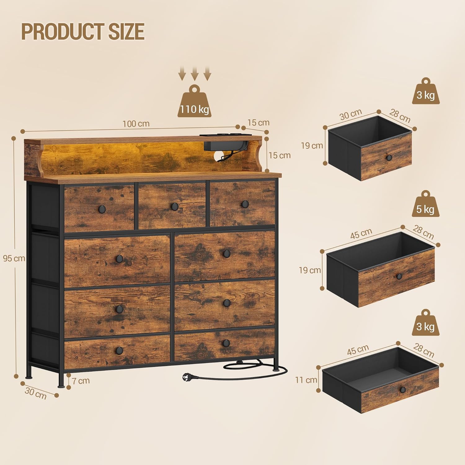 Detalle de Hzuaneri Commode 9 tiroirs avec bande lumineuse LED, 2 ports USB et 2 prises secteur (30 x 100 x 95 cm) Vintage DU02901BEU