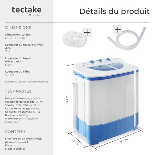 Detalle de tectake Mini Machine à laver Portable 2 en 1: lavage et essorage compact pour étudiant et voyage