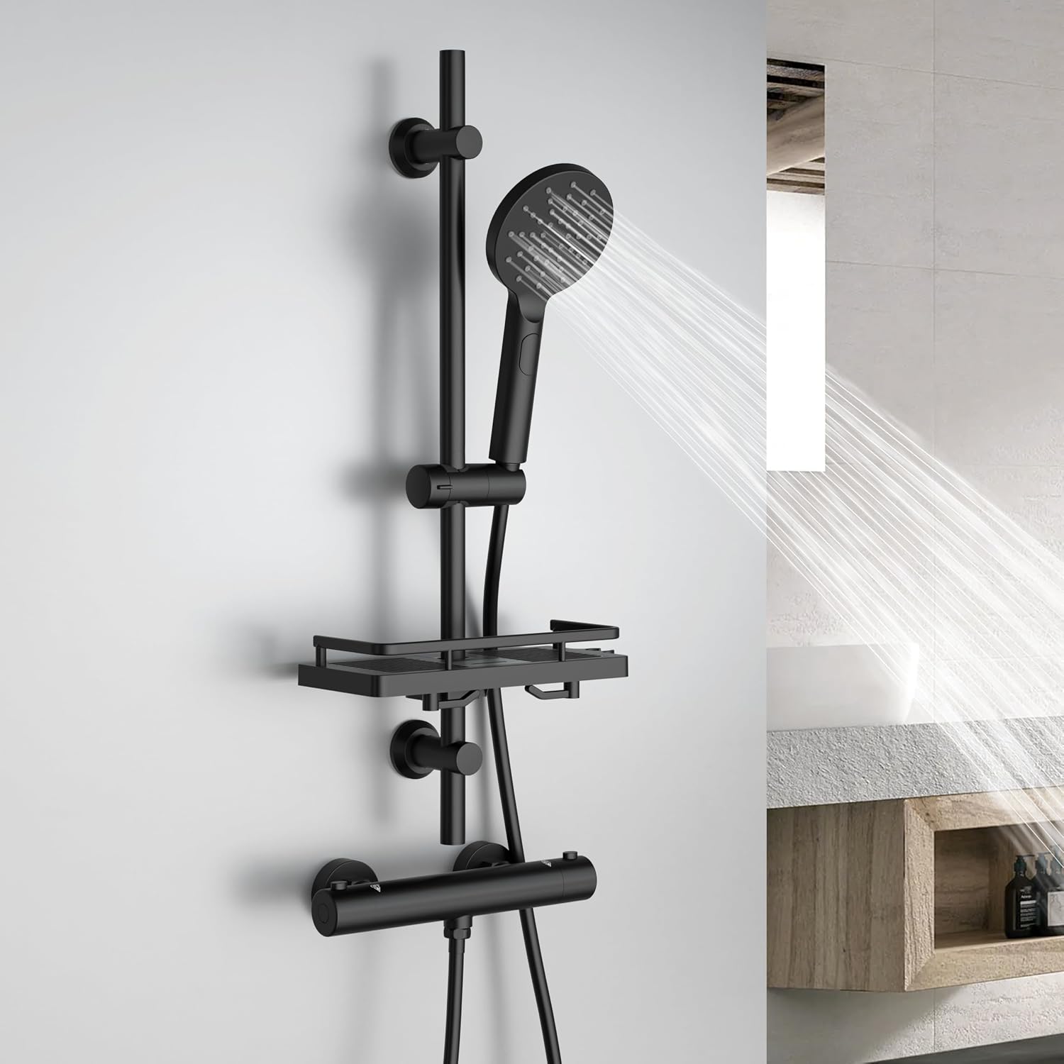 Detalle 2 de Görbach Colonne de Douche avec Mitigeur Thermostatique — Barre 70 cm en Acier inoxydable, Noir avec étagère et douchette