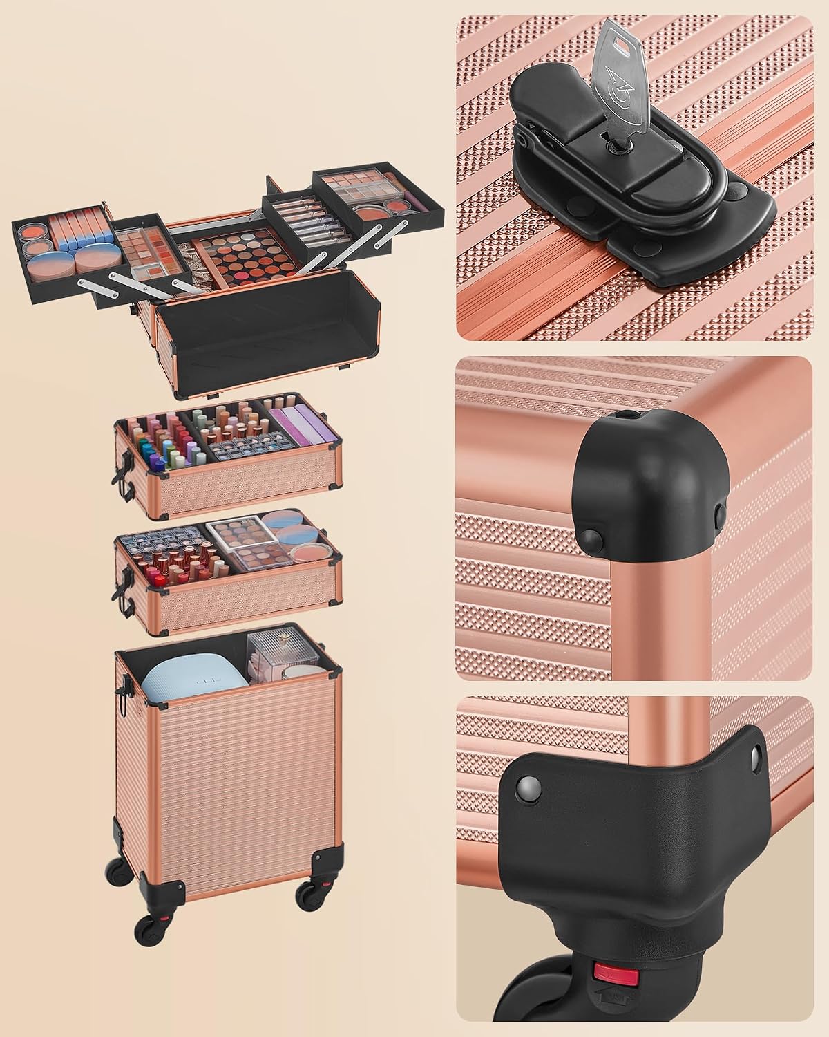 Detalle de SONGMICS Kosmetikkoffer Trolley 4-in-1 Schminkkoffer JHZ015A01 – extra groß, Champagnergold