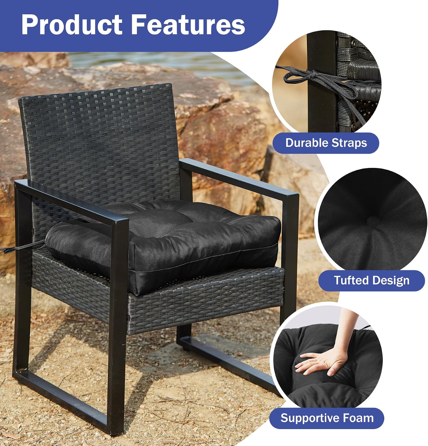 Thumbnail 4 de IPYNBAP Outdoor Chair Cushions, Set of 2, Black, Tufted, 5-Inch Thick