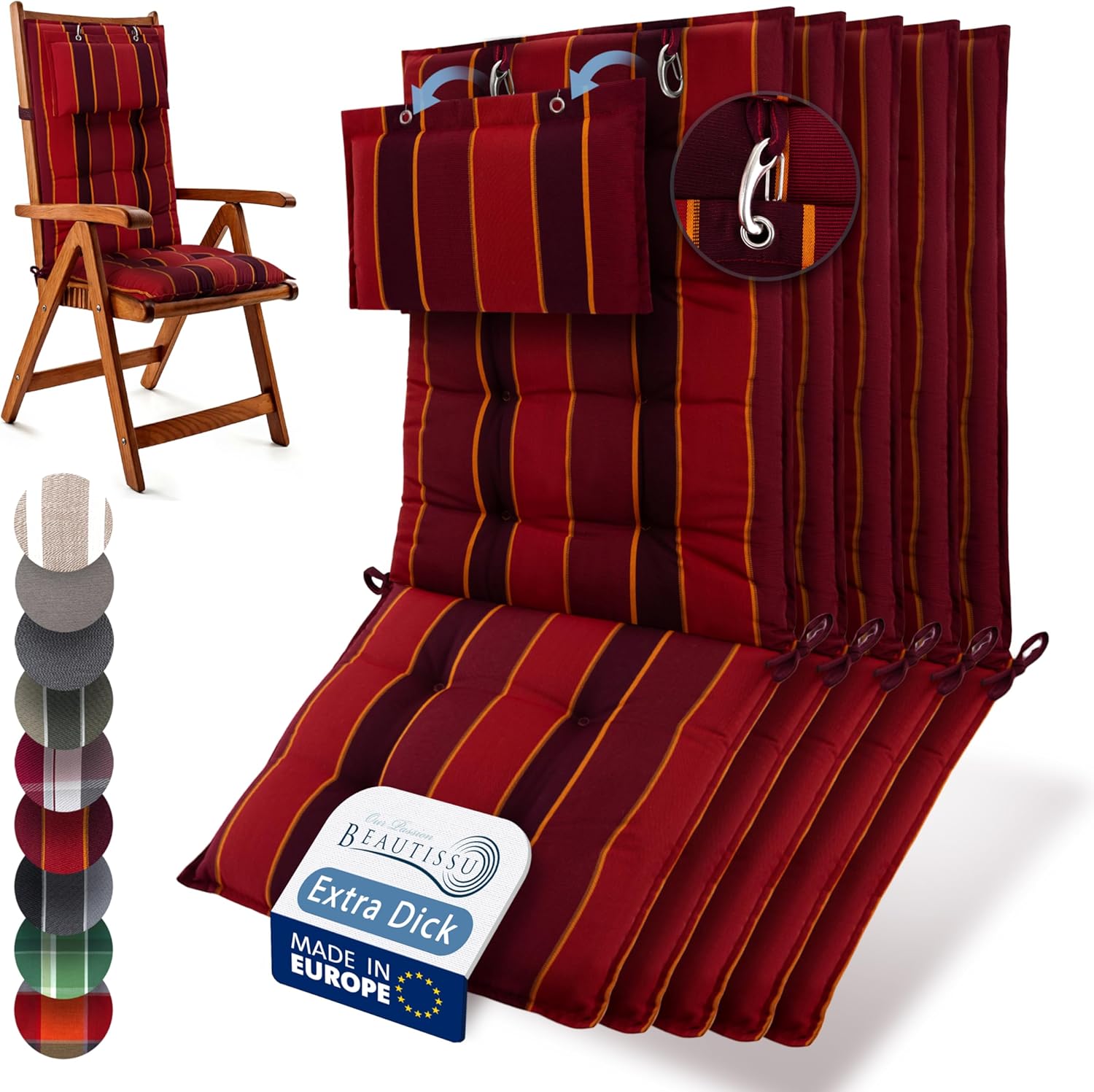 Beautissu 5er Set Premium Hochlehner Auflage Kopfpolster 120x50 cm Sun-HL – 8 cm Polster, rutschfest, UV-beständig