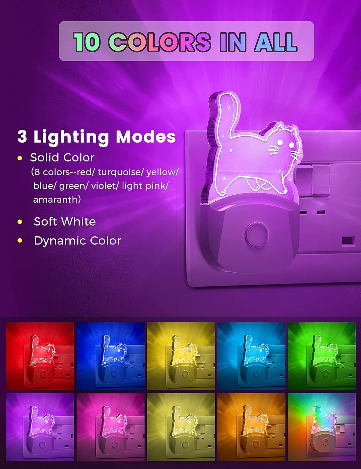 Thumbnail 5 de Emeritpro Night Light Plug-in Wall (Pretty Cat) – 8-Colour RGB + Dusk to Dawn Sensor, 2 Pack