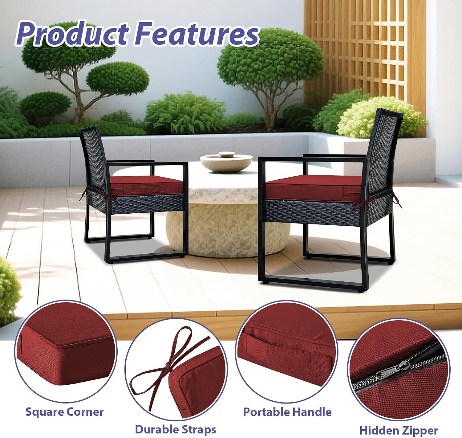 Detalle 1 de IPYNBAP Outdoor Chair Cushions 19 x 19, Set of 4, Burgundy, 3-Inch Foam