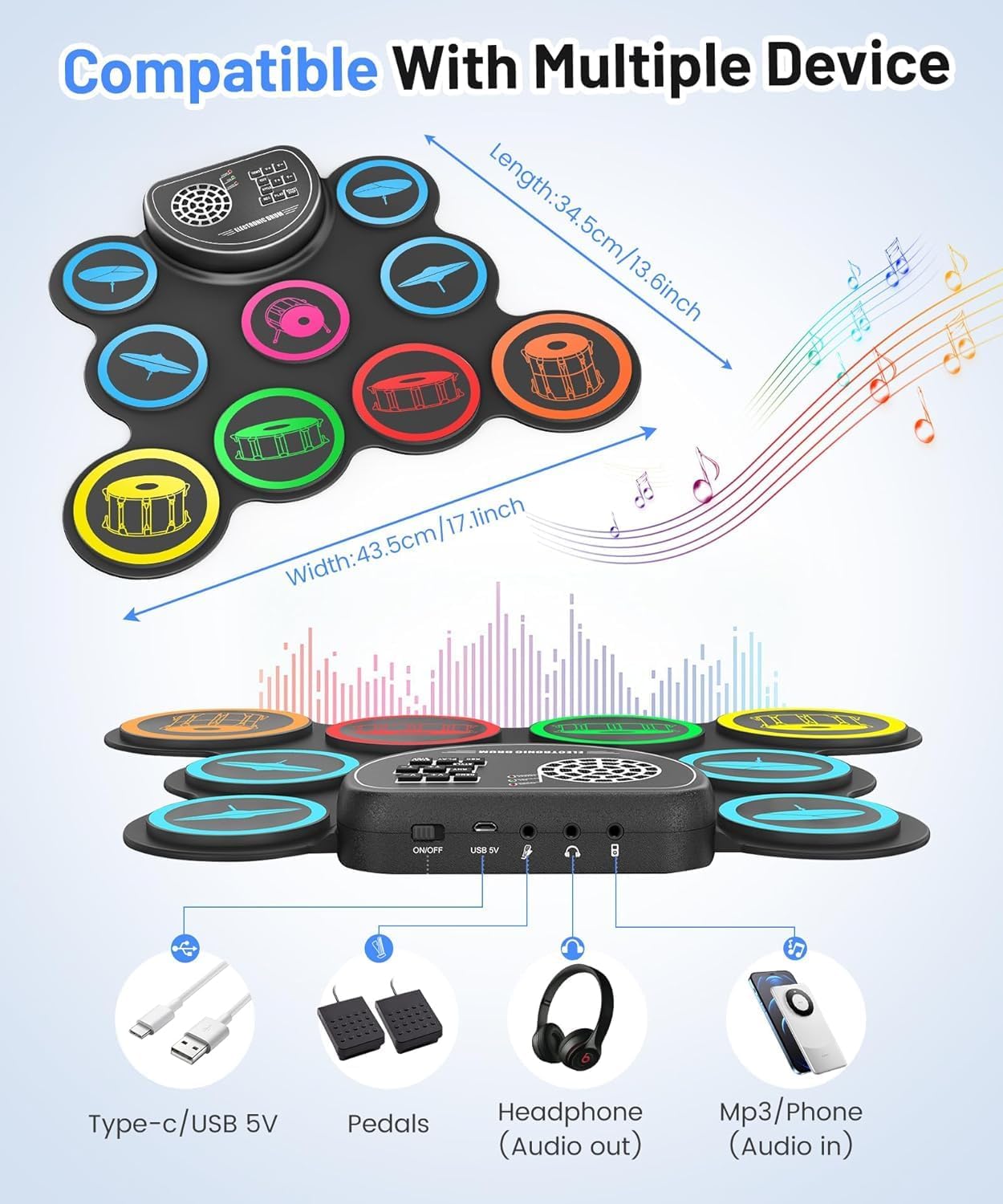 Detalle de Sboet 9-Pad Electronic Drum Set with Headphone Jack, Speaker and Recording