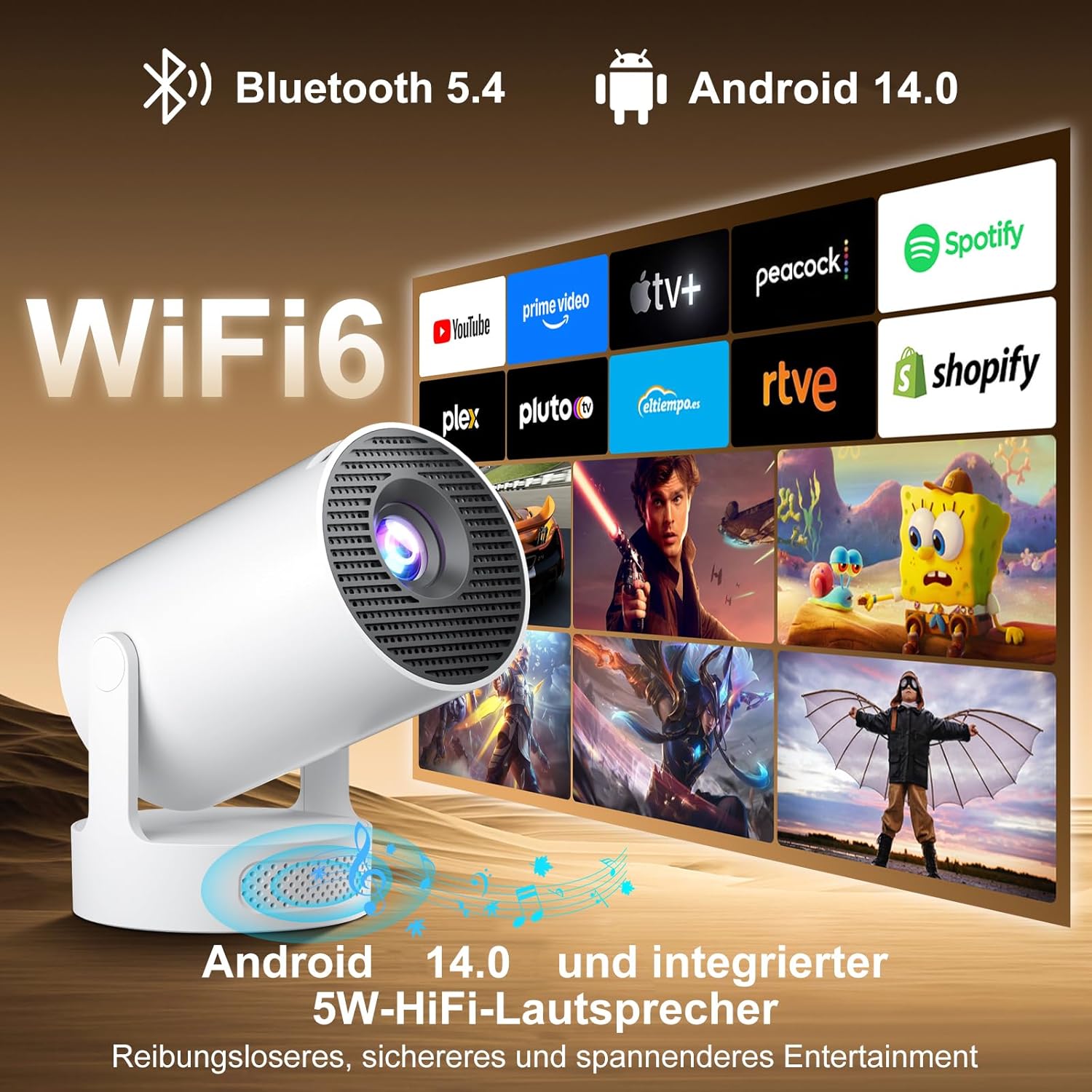 Detalle 2 de Salange Portable Beamer 2026 – Klein-Handy-Beamer mit Android 14.0, WiFi 6 und Bluetooth 5.4