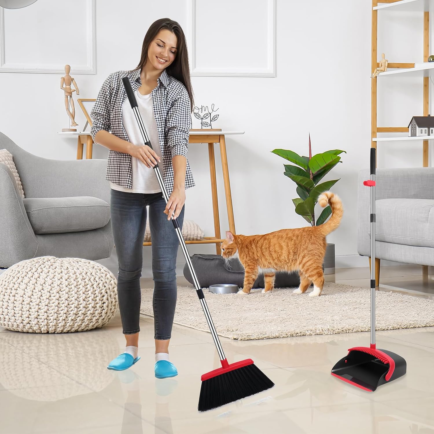 Thumbnail 6 de NACENA 52-Inch Adjustable Broom and Dustpan Set (2-Pack) with Built-in Teeth for Hair, Black & Red
