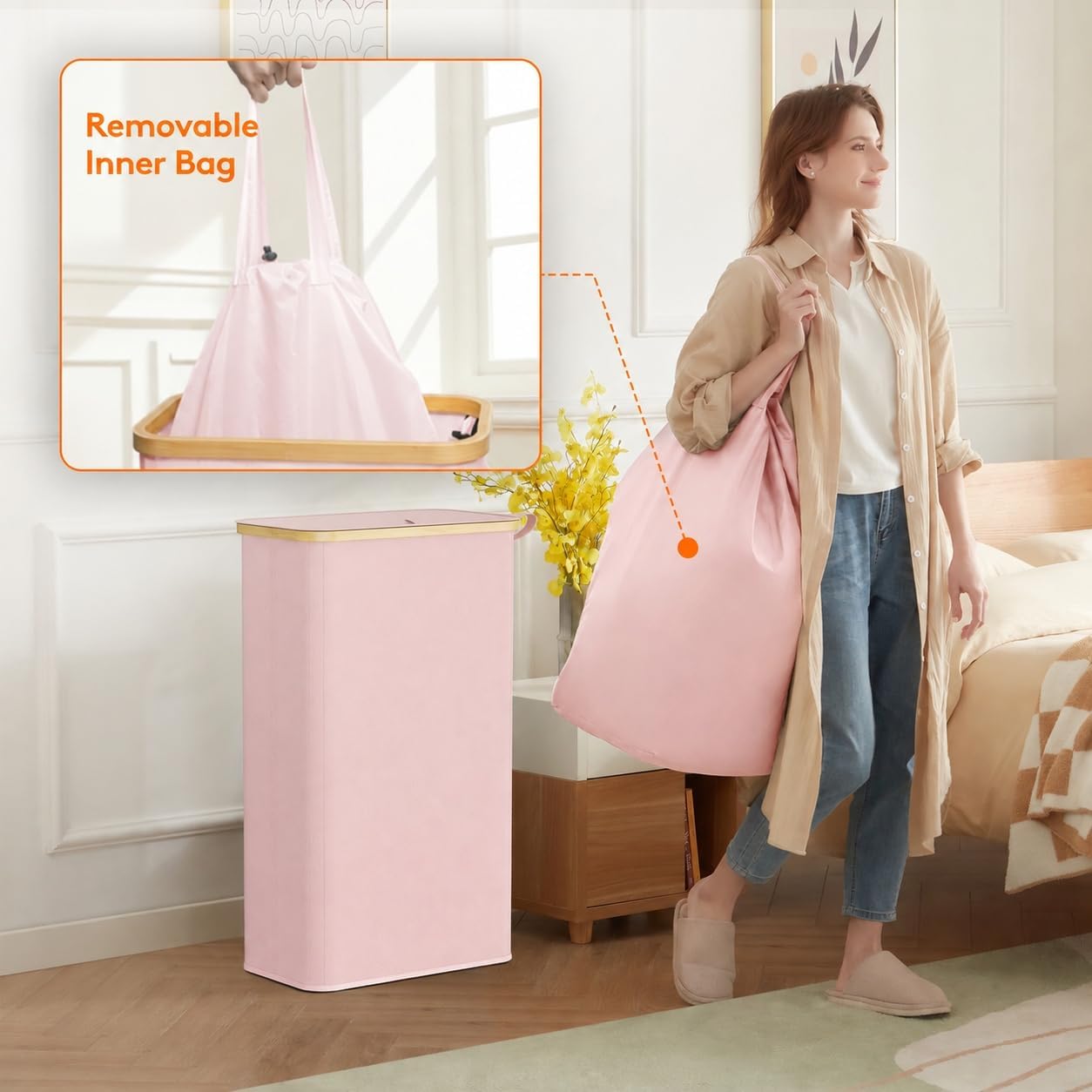 Detalle 2 de Lifewit LH23177.03PI.V1.M01 Slim Laundry Basket, Pink, with Lid