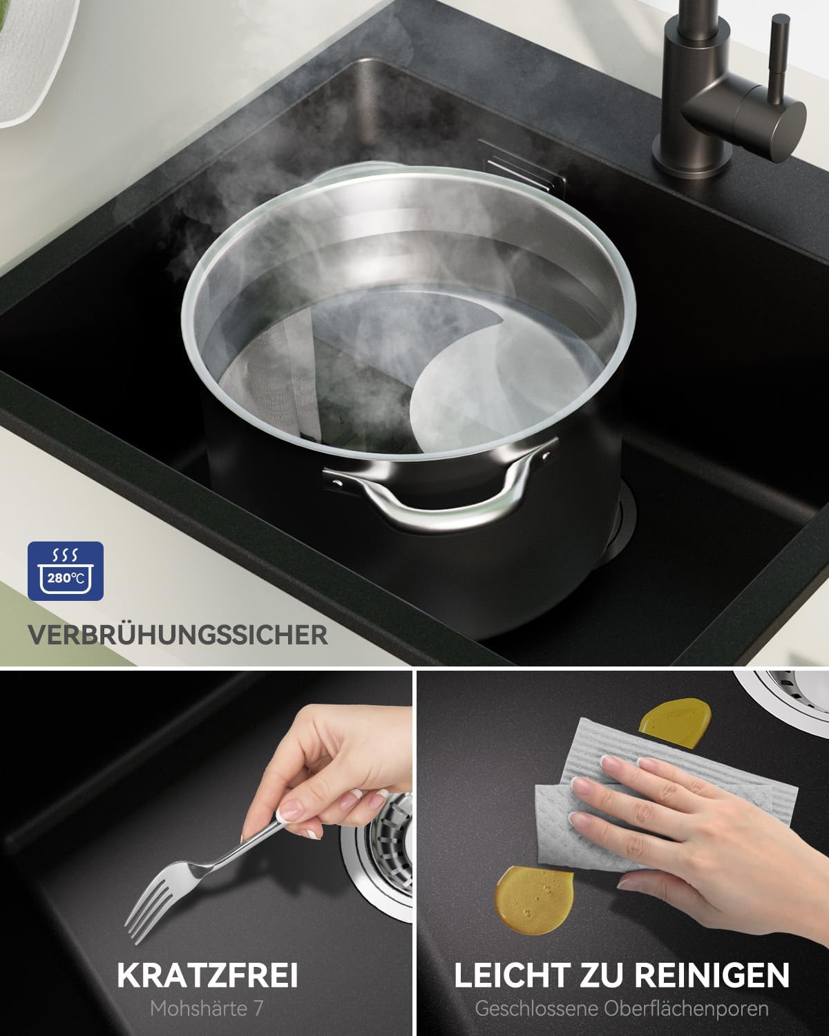 Thumbnail 4 de Sofetiy Küchenspüle Schwarz Granit 50x45cm – Spüle mit 2 Hahnlöchern, 1 Becken