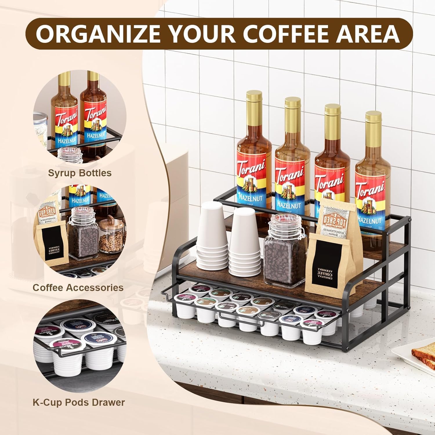 Thumbnail 3 de Coffee Station Organizer for Countertop: 3-Tier Syrup Rack with 35 K-Cup Drawer