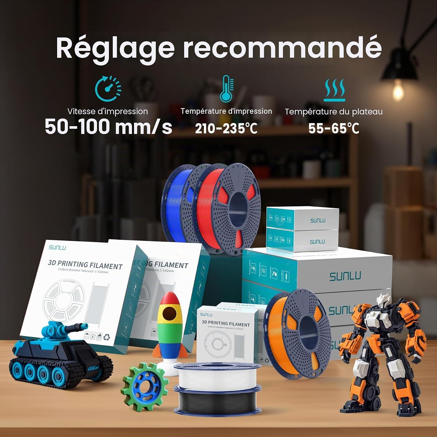 Detalle de SUNLU Filament d'imprimante 3D Multicolore PLA+ 1,75 mm – Paquet 2 kg (8 bobines de 250 g) Noir, Blanc, Gris, Vert menthe, Jaune citron, Orange soleil, Rouge cerise, Bleu ciel