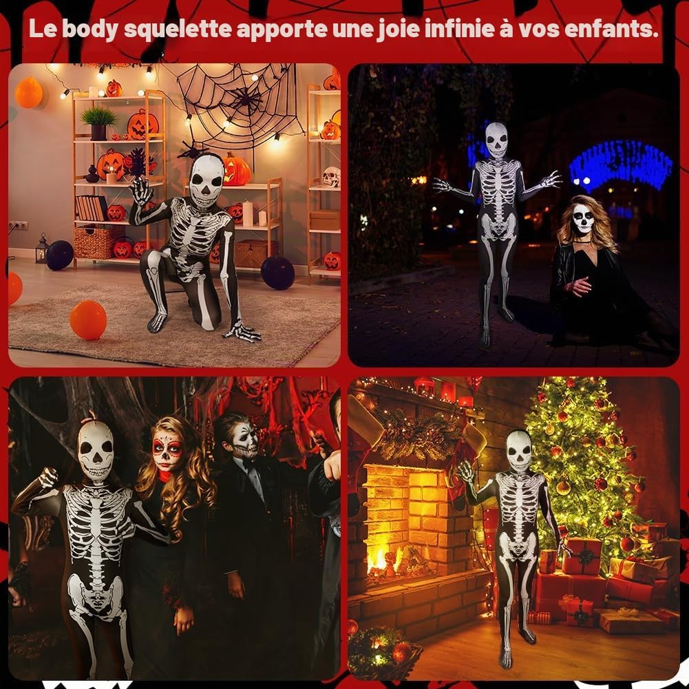 Detalle 2 de AOOWU skeletkostuum voor kinderen met stretchoverall en gezichtsmasker