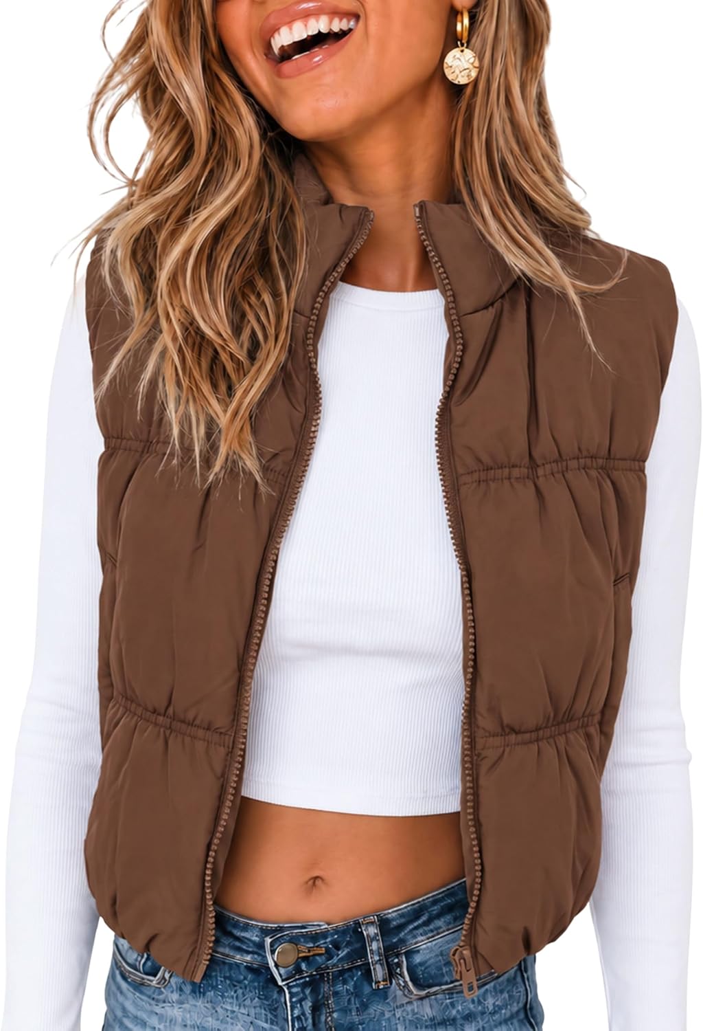 Detalle de Athlisan Cropped Puffer Vest for Women, Lightweight Zip-Up with Stand Collar