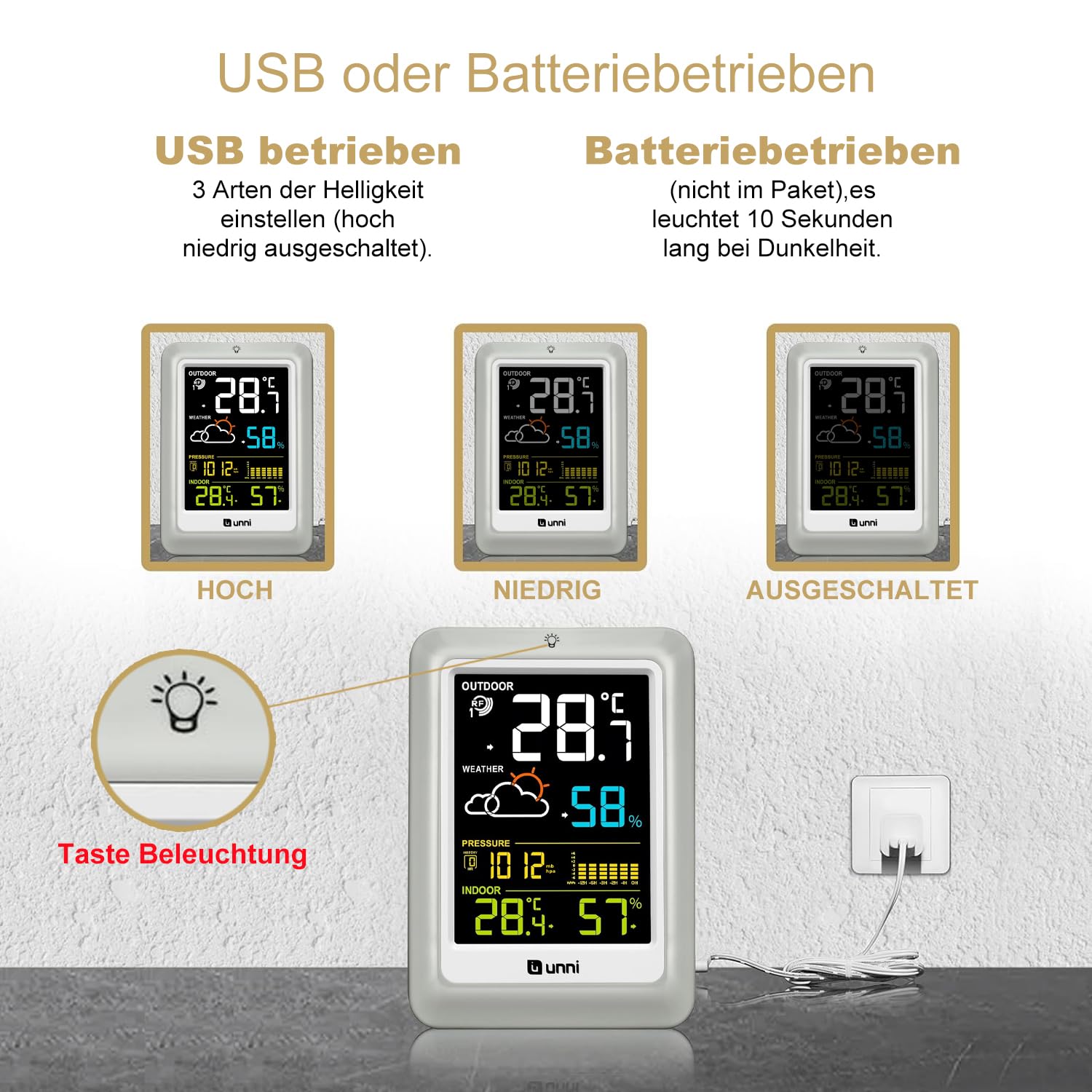 Thumbnail 1 de U UNNI Funk-Wetterstation mit Außensensor (Batterie oder USB), Wettervorhersage & 3 Helligkeitsstufen