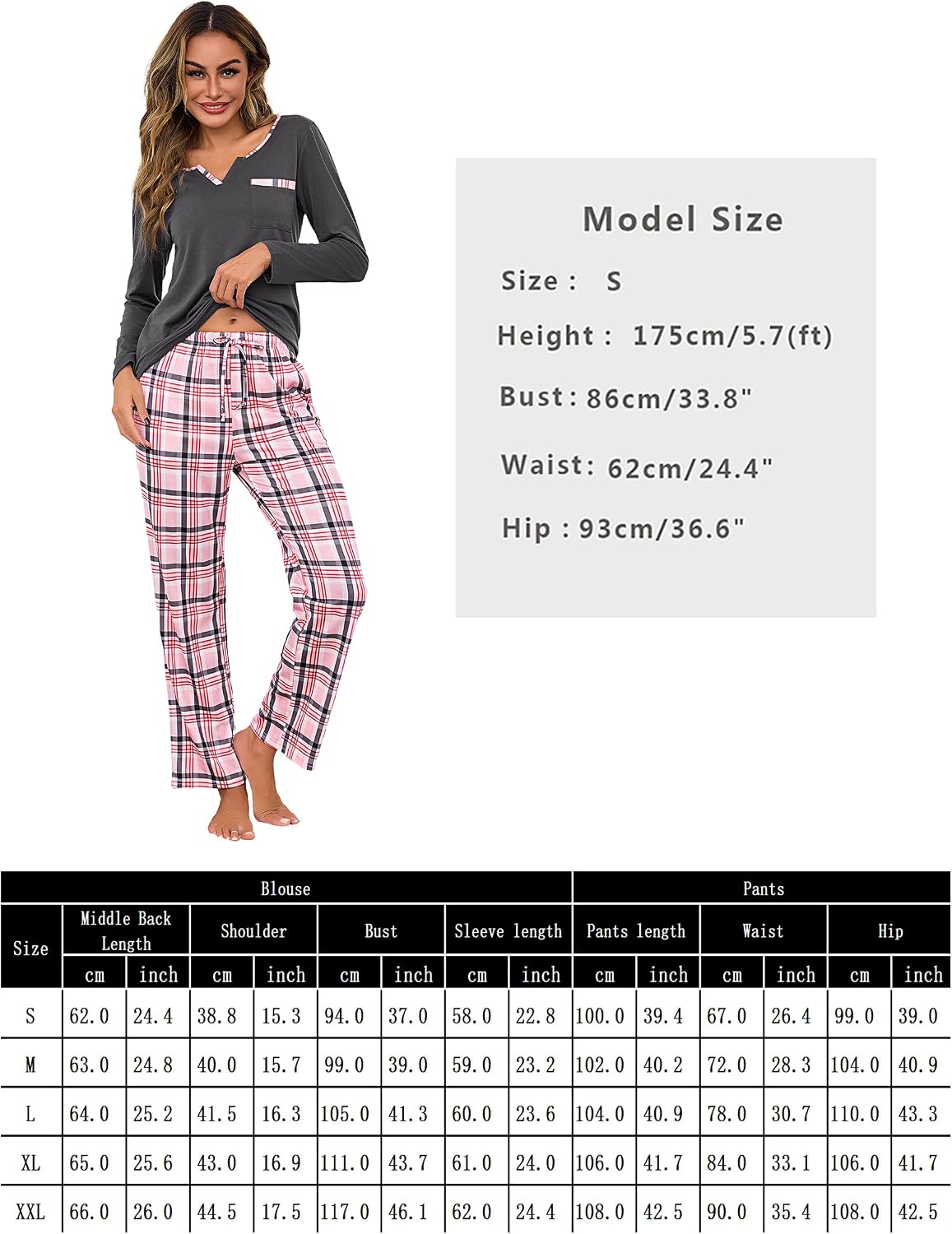 Detalle de Bresdk Pyjama Femme Hiver Coton – Ensemble 2 pièces à Carreaux, manches longues, poches, confort et chaleur