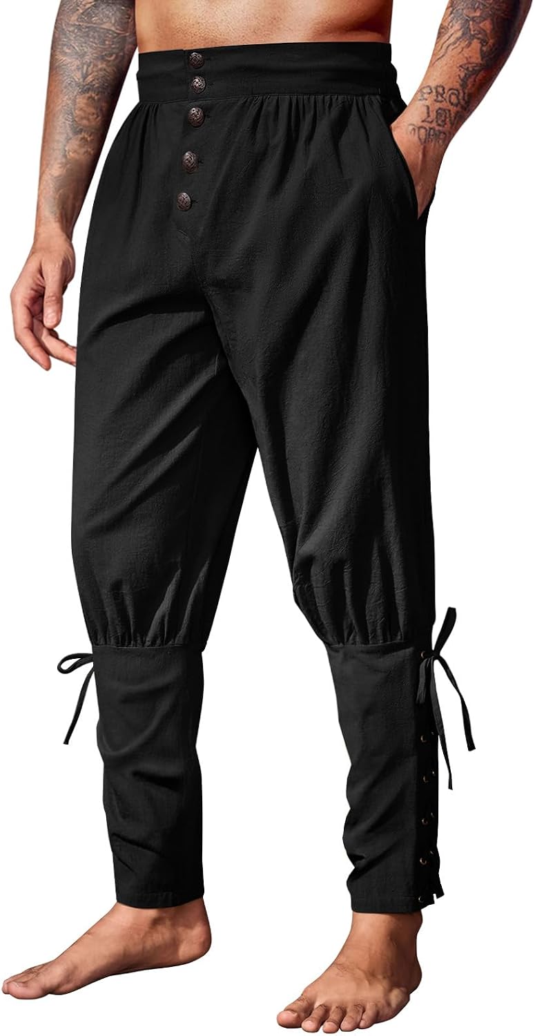 Detalle de Runcati QT1806 Men's Medieval Pirate Pants, Cotton, Lace-Up Cuffs, Side Pockets