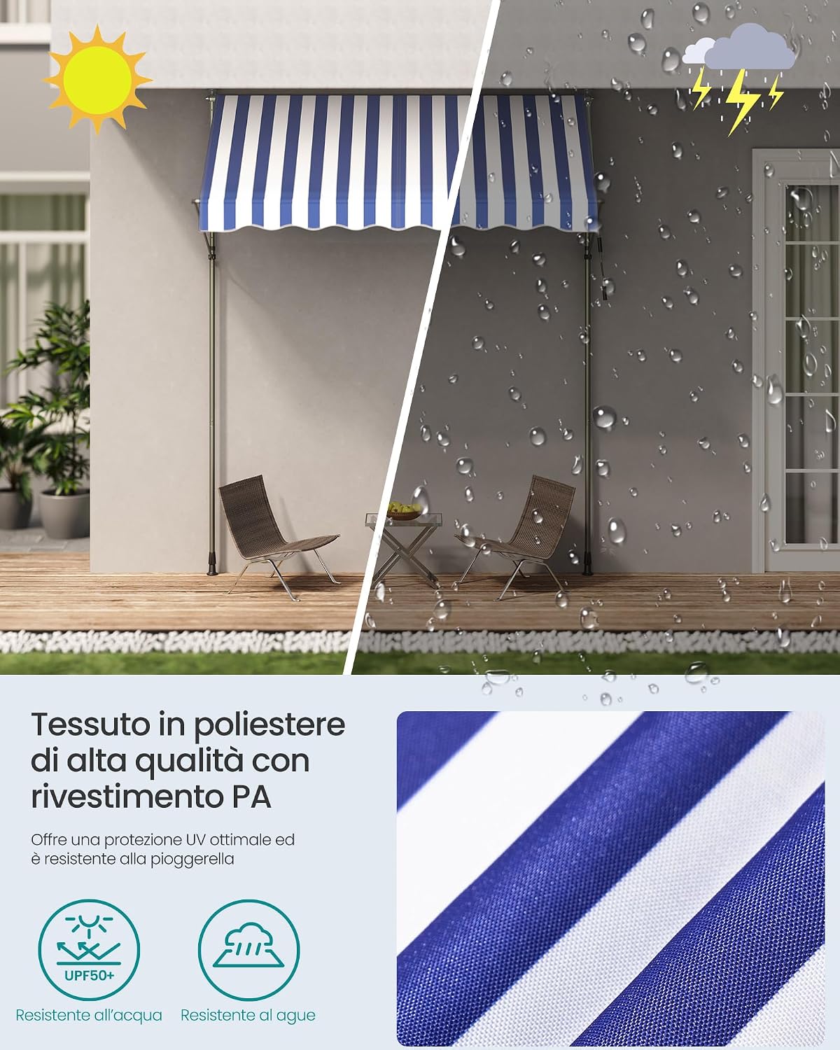 Thumbnail 6 de SONGMICS Tenda da Sole Avvolgibile GSA252QZ01 – Tendalino Retrattile 250x120 cm Blu/Bianco