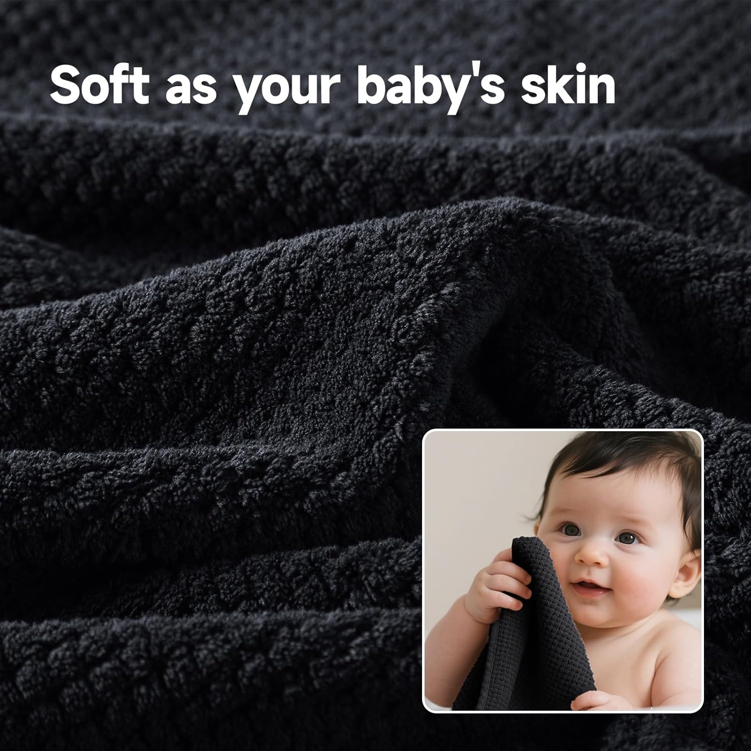 Detalle de REDKISS 6-Piece Bath Towel Set: Ultra-Fiber Coral Fleece, 2 Washcloths, 2 Hand Towels, 2 Bath Towels — Black