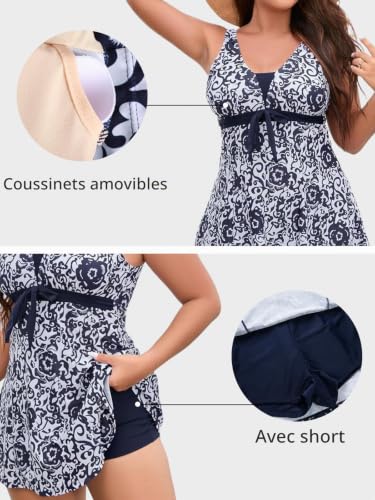 Detalle de Ecupper Maillot de Bain une pièce rétro avec jupe volantes et contrôle du ventre – Bleu marine, XL