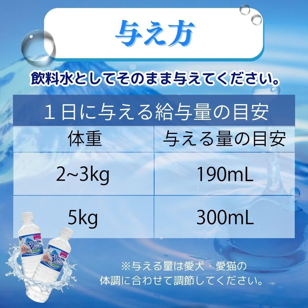 Detalle 2 de アース・ペット Vウォーター 犬猫用天然水 500mL×24個セット、硬度56mg/Lの軟水
