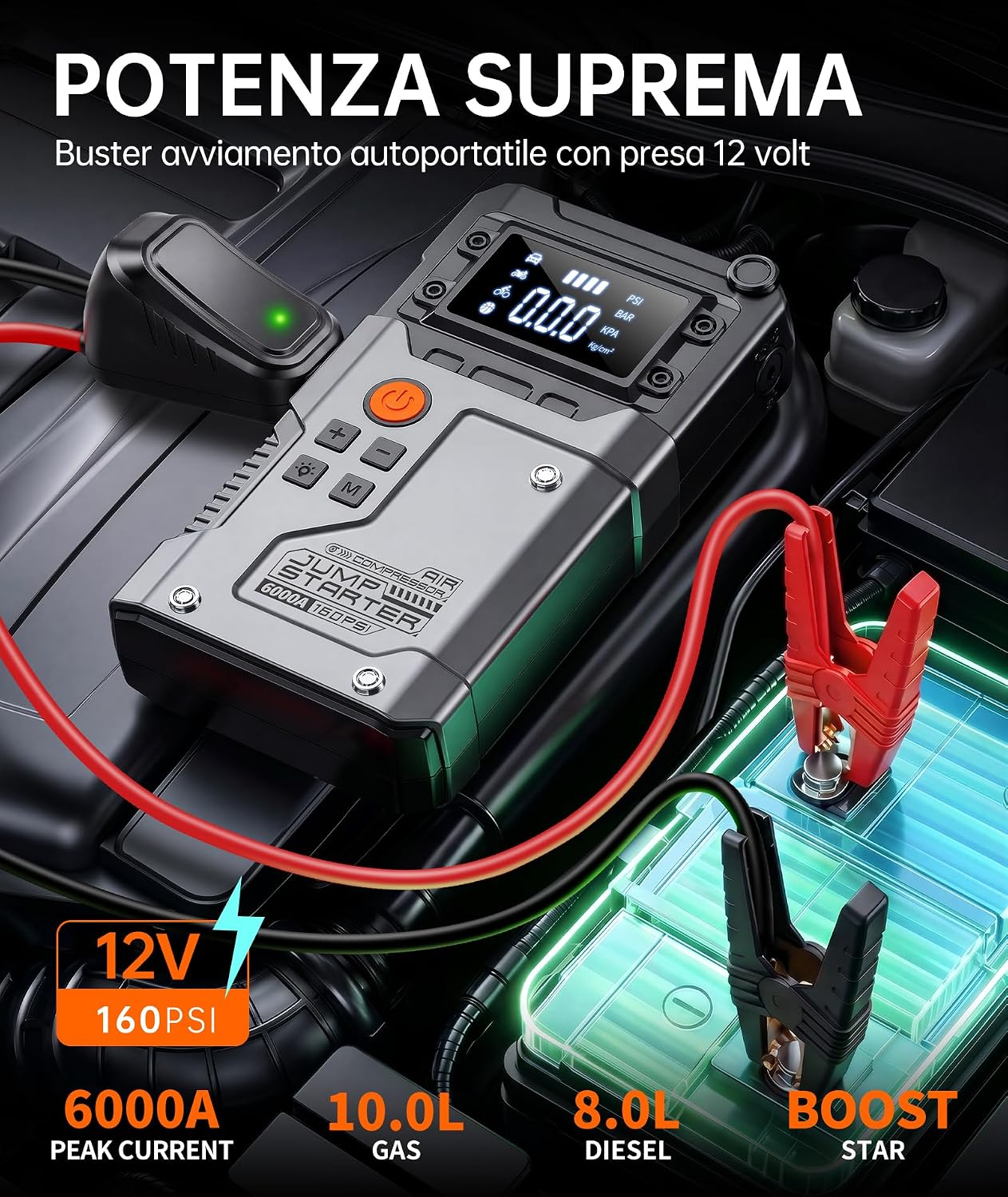Detalle de Avviatore Batteria Auto 6000A con Compressore 160 PSI – Booster Portatile per 12V (gas/diesel) con LCD e USB