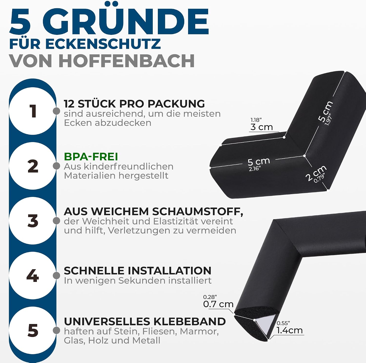 Detalle de Hoffenbach 12x Eckenschutz für Babys & Kinder – selbstklebender Kantenschutz aus NBR-Schaumstoff, schwarz
