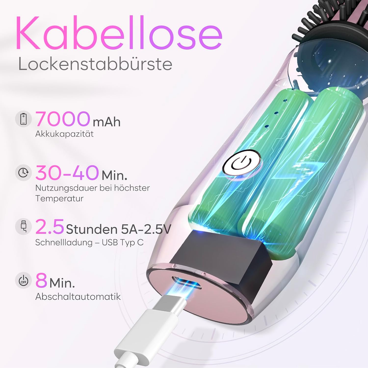 Detalle 2 de Kabellose Lockenstabbürste, Tragbare Reise-Lockenstab-Minibürste für Frauen – 7000 mAh, USB aufladbar, negative Ionen, Rosa