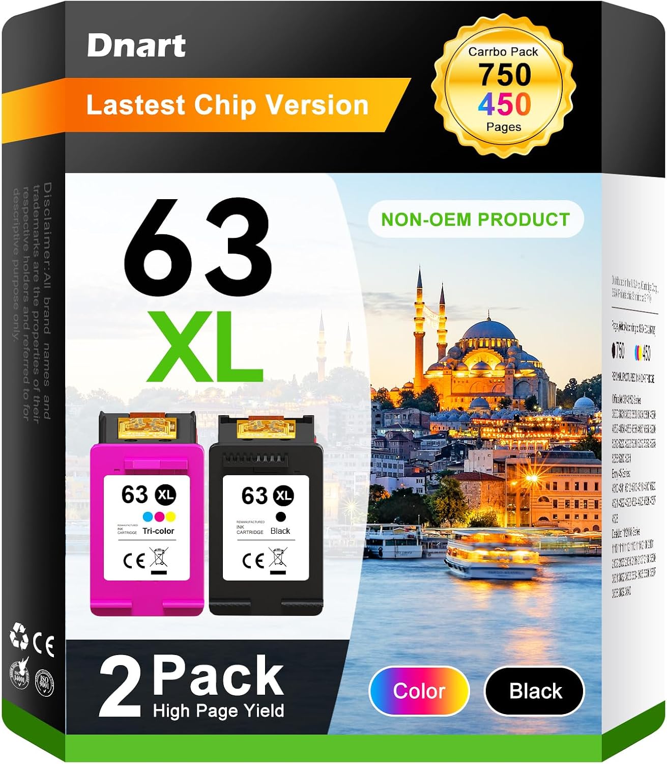 Detalle de DNART 63XL Remanufactured Ink Cartridges, Black and Colour 2-Pack for HP 63