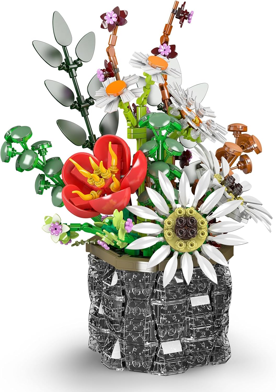 Detalle de Mould King 24107 Blumen-Baustein-Set (mit Vase) – Sonnenblumen, Tulpen und Gänseblümchen