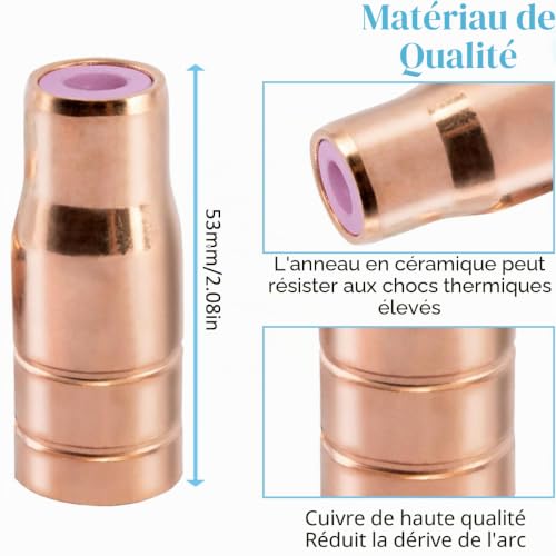 Detalle de Buse fil fourré EATBALE pour torches 14/15 MIG/MAG – Pack de 4 buses et kit accessoire avec bague céramique