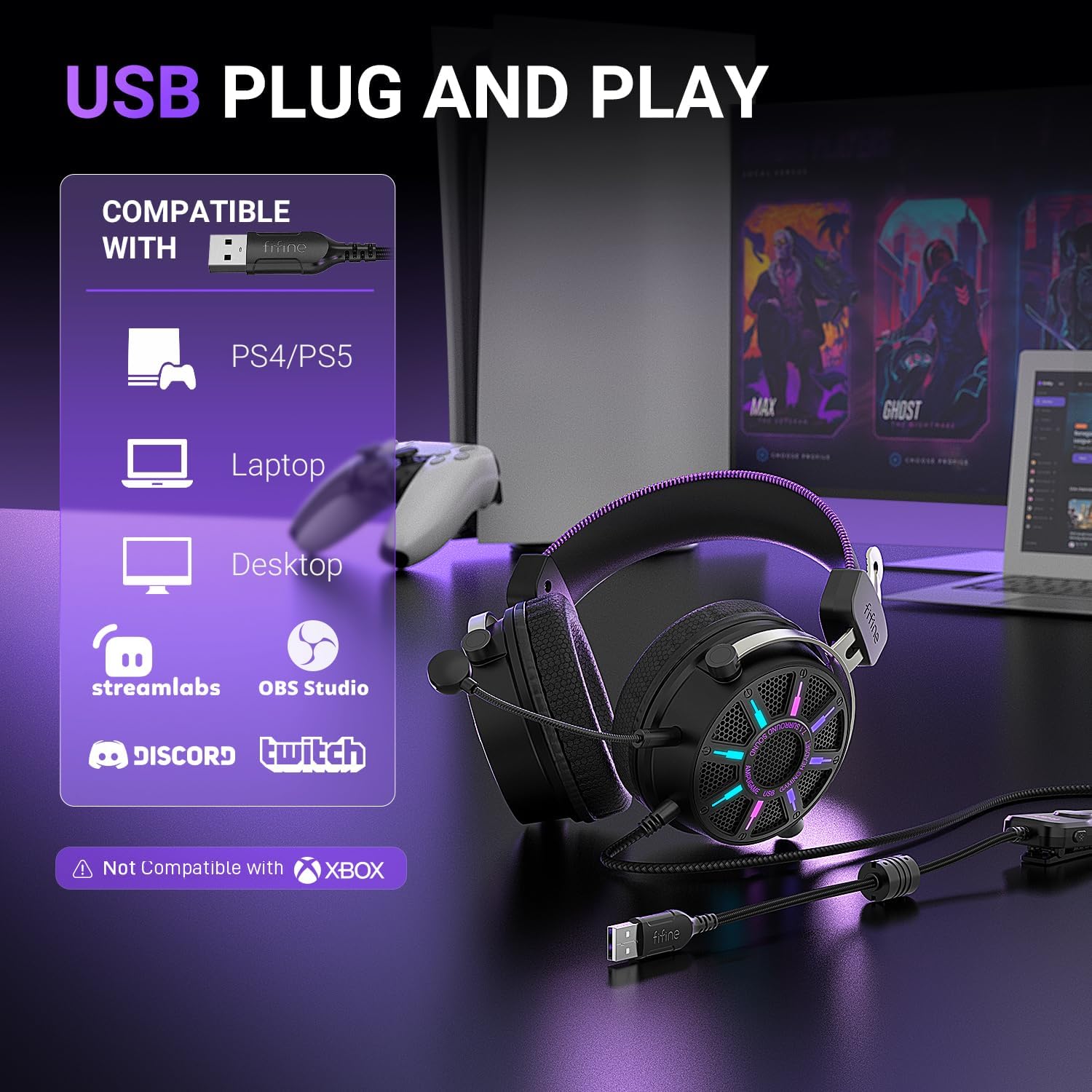 Thumbnail 5 de FIFINE H19BP Wired Open-Back Gaming Headset (7.1 Surround, RGB, USB Control Box) with Mic