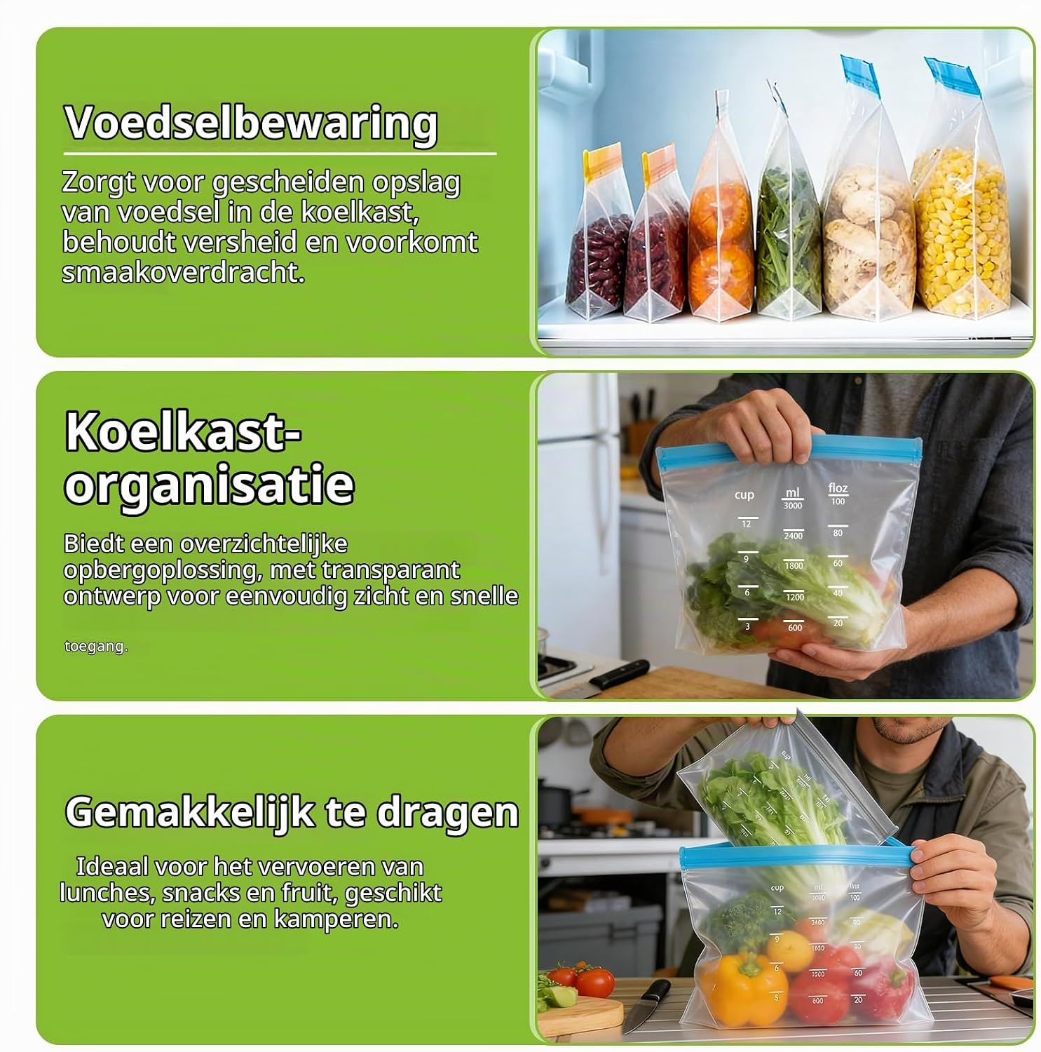 Detalle 2 de Connextion herbruikbare diepvrieszakjes, 24 stuks in 3 formaten met staande bodem