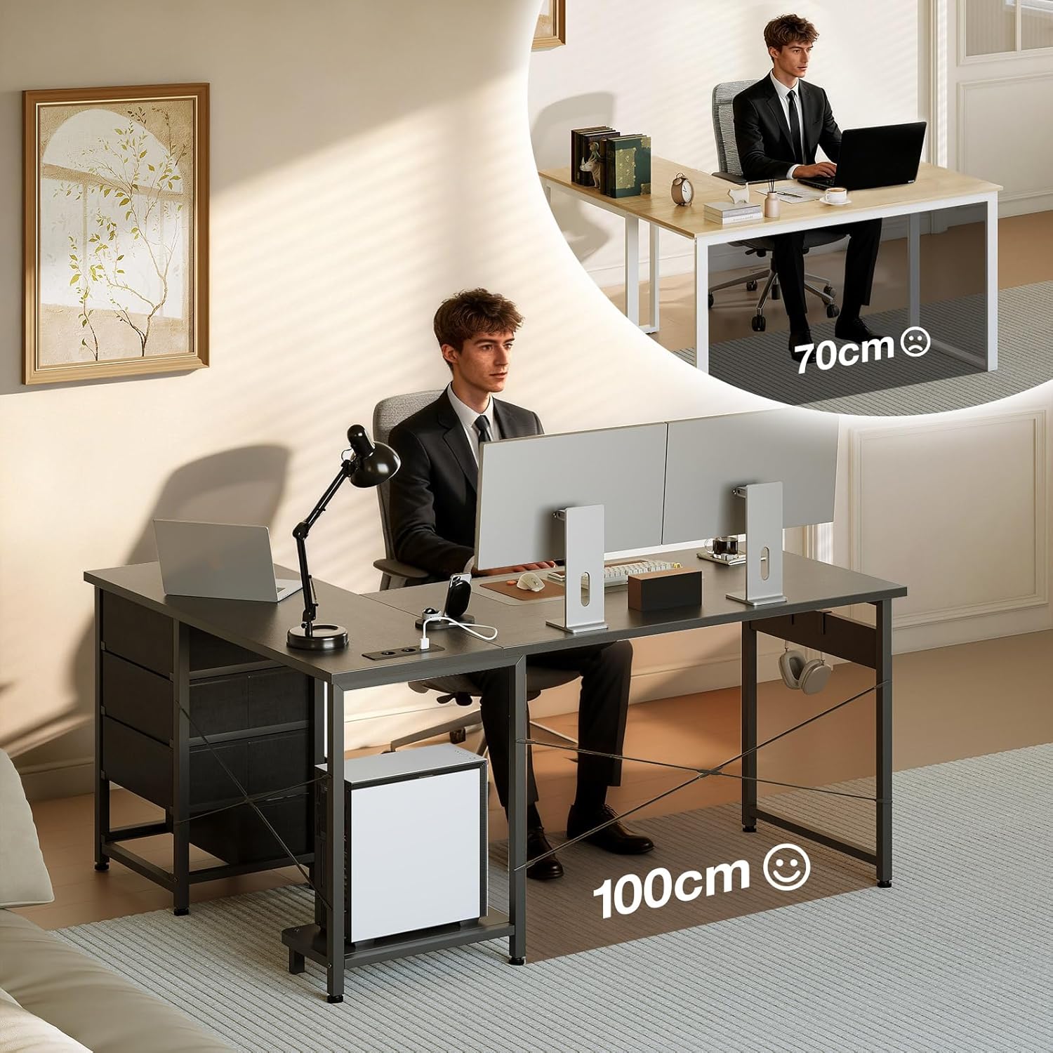 Thumbnail 6 de ODK Eckschreibtisch mit 4 Schubladen – L-Form 135×100 cm, integrierte Steckdose & USB-Ladeanschluss, reversibel, Schwarz